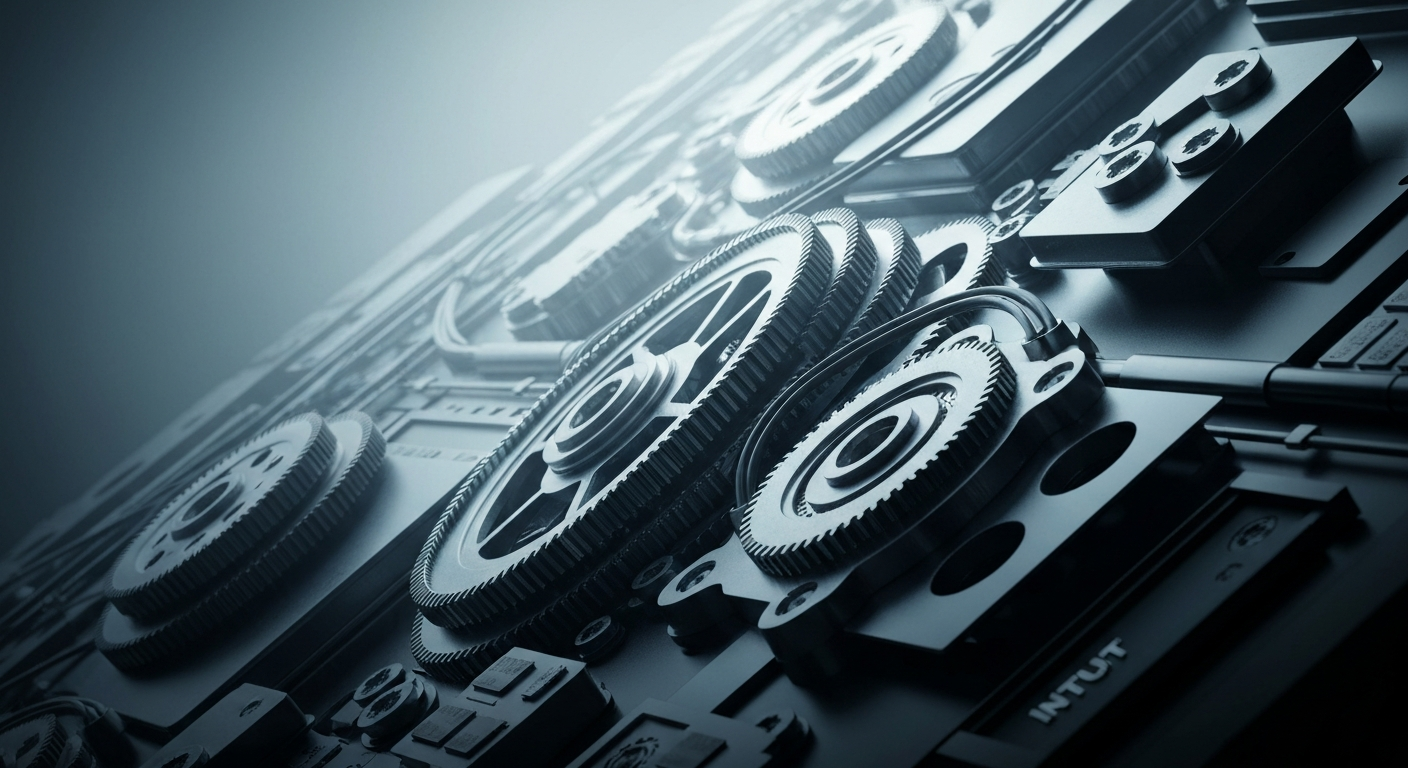 A highly detailed, black-and-white close-up image of gears, circuits, and other mechanical components that make up the internal workings of financial technology, conveying the idea of the complex infrastructure behind Intuit's software offerings.