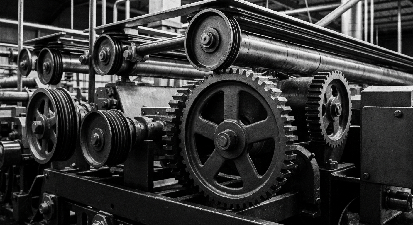 A high-contrast black and white close-up of the intricate machinery in a poultry processing plant, conveying the industrial scale and efficiency of Pilgrim's Pride's operations.