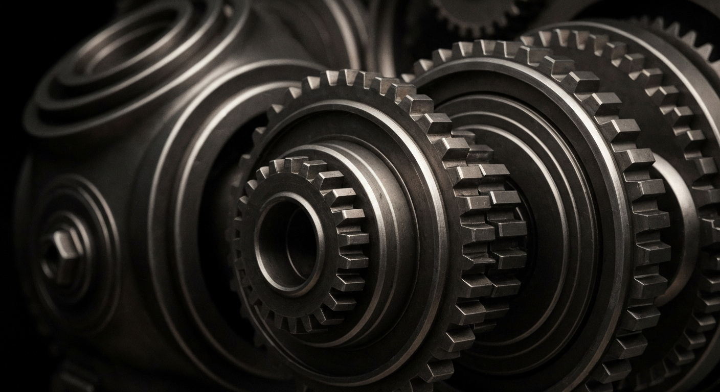 An extreme close-up of a complex array of metal gears, cogs, and mechanical components in shades of grey, bronze, and black, conveying the industrial strength and precision engineering of Snap-On's tools.