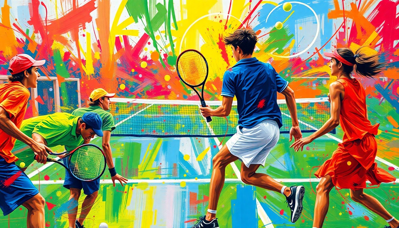 An abstract expressionist painting in neon colors, with rapid brushstrokes capturing the dynamic motion and competitive spirit of a high school tennis match.