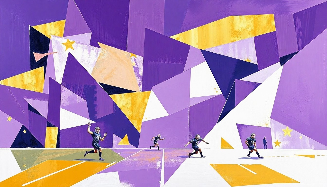 A cubist, geometric painting depicting a fragmented football game scene, with sharp, overlapping shapes in purple, gold, and white representing the dynamic action on the field.