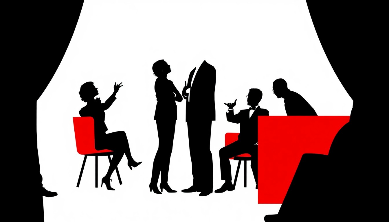 A bold, abstract illustration featuring stark black silhouettes of comedians and audience members set against a vibrant red background, capturing the energy and spirit of the long-running Blue Lagoonies comedy show.