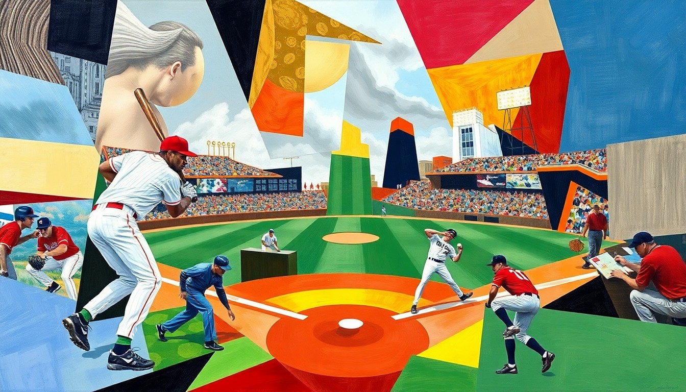 An abstract, cubist-style painting featuring fragmented geometric shapes and planes of color representing a baseball game, conveying the underlying tensions and conflicts within the Red Sox organization.