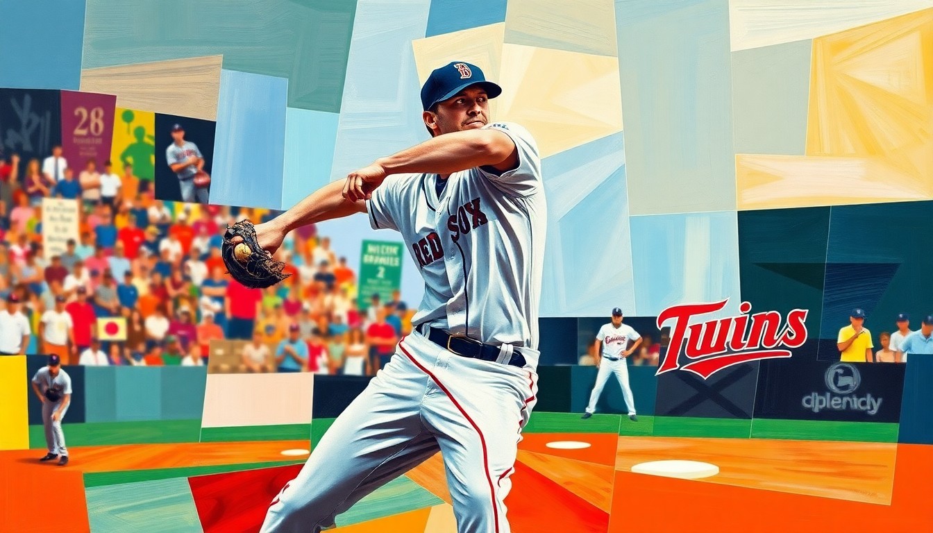 A fractured, geometric painting depicting a baseball pitcher's delivery, with sharp planes of color representing the Red Sox and Twins uniforms.