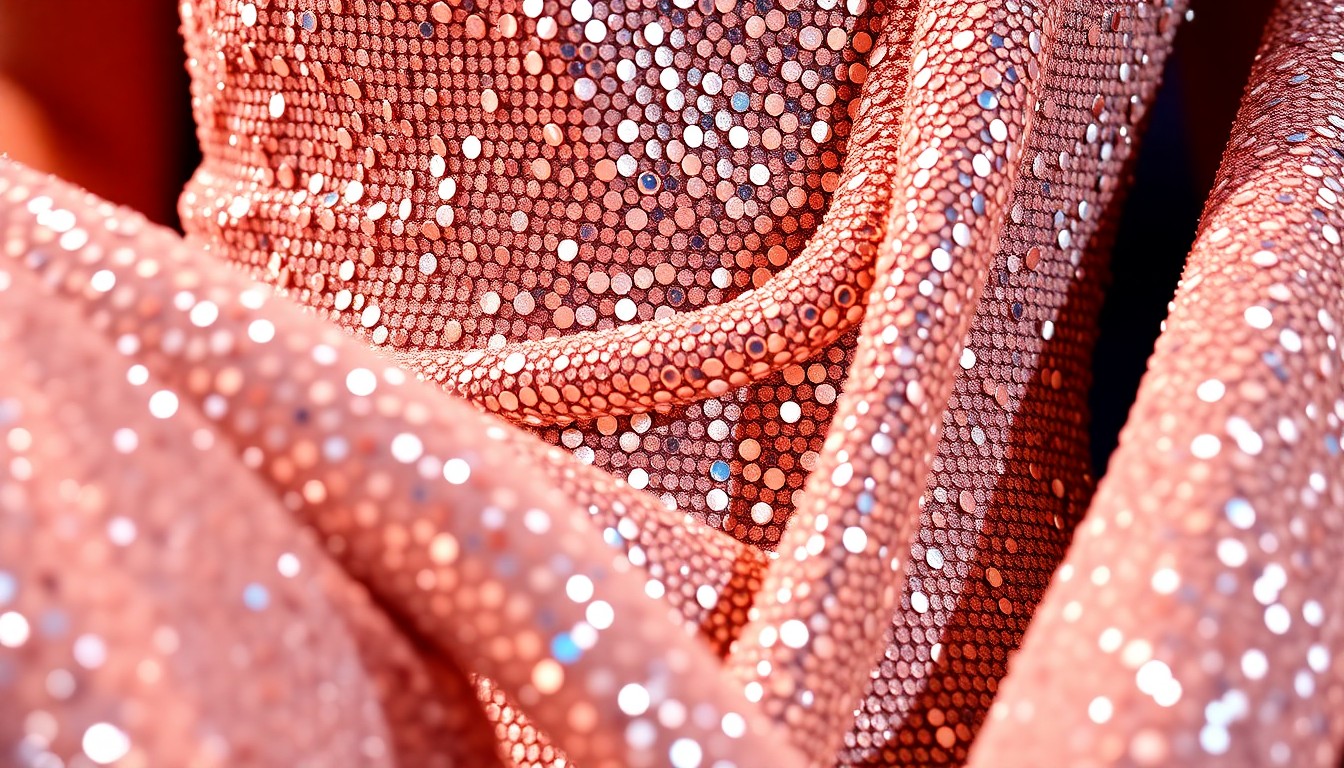 An extreme close-up photograph of a shimmering, sequined fabric in dramatic studio lighting, capturing the high-fashion glamour and energy of a musical performance.