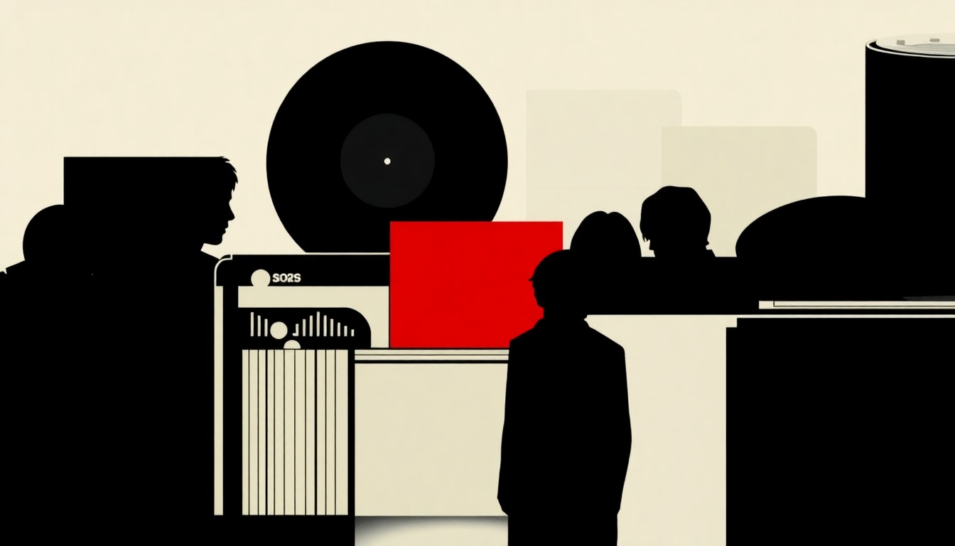 A bold, abstract composition featuring stark, jagged geometric shapes in high-contrast colors like red and white, conceptually representing the diverse array of limited-edition vinyl releases for the 2026 Record Store Day event.