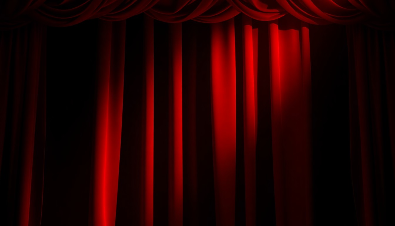 An extreme close-up photograph of a lush, deep red velvet theater curtain, the fabric's fibers and weave visible in dramatic high-contrast lighting, conceptually representing the glamour and emotional resonance of a personal story being brought to the Broadway stage.