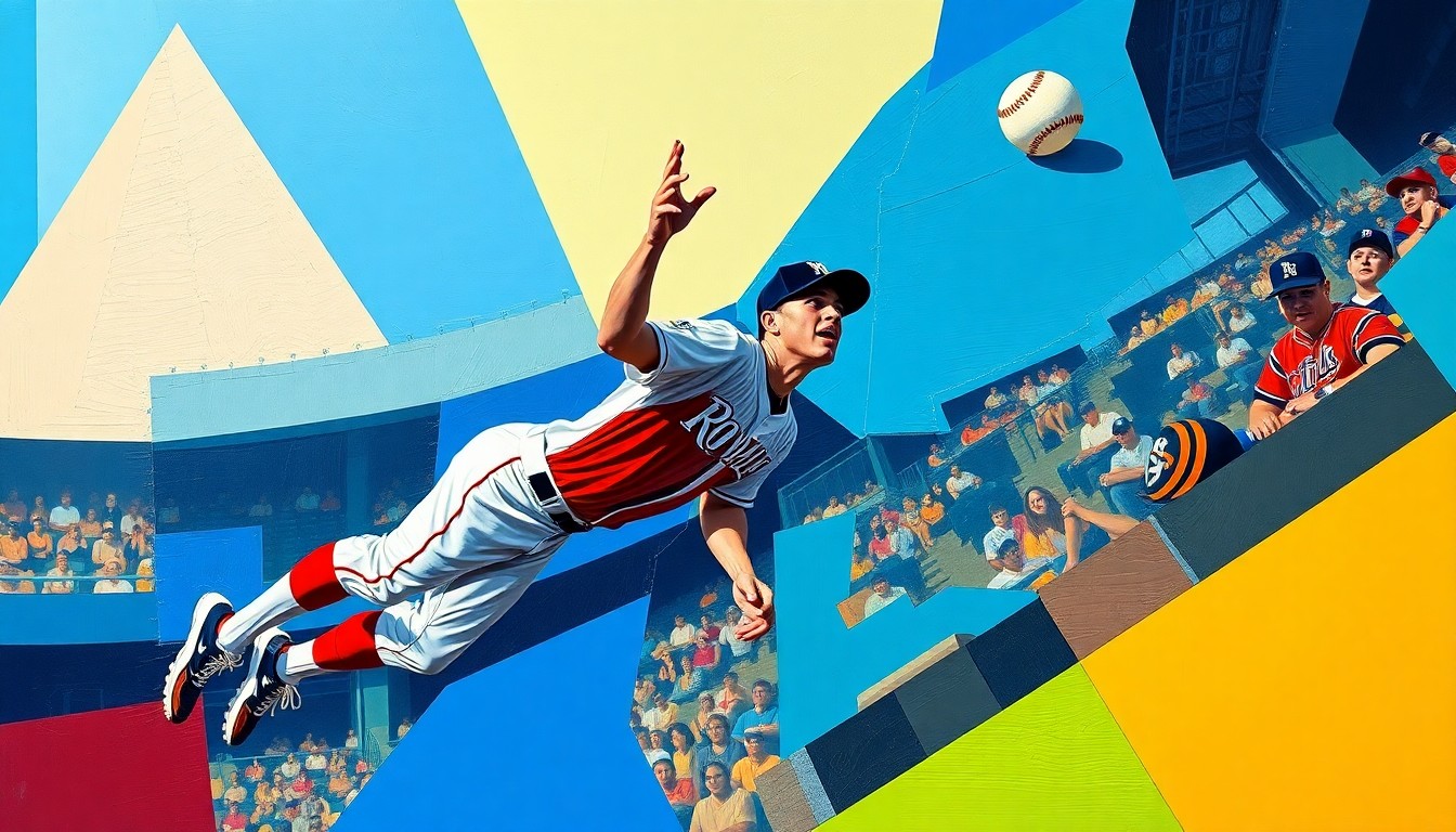 A fractured, cubist-style painting depicting a baseball player diving into the stands to catch a fly ball, with the player's body and the surrounding stadium environment broken down into sharp, overlapping geometric shapes and planes in vibrant colors.
