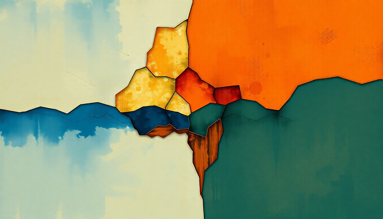 A vibrant, abstract painting with overlapping geometric shapes in warm earth tones and cool blues, conceptually representing the complex and fractured geopolitical tensions between Israel and Hezbollah.