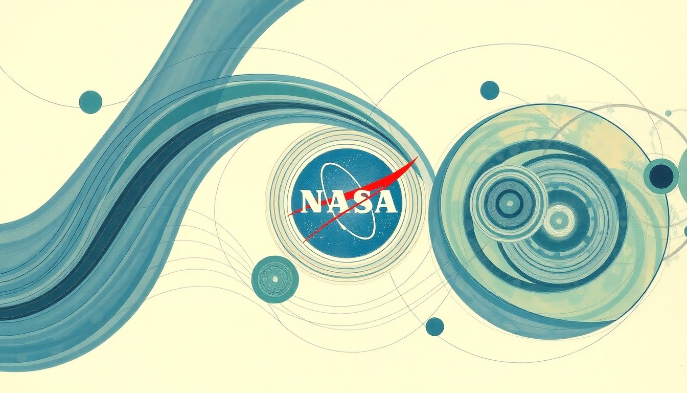 An abstract, highly structured painting in soft blues, greens, and grays, featuring sweeping geometric arcs, concentric planetary circles, and precise botanical spirals, conceptually representing the interconnected nature of NASA's digital media platforms and content.
