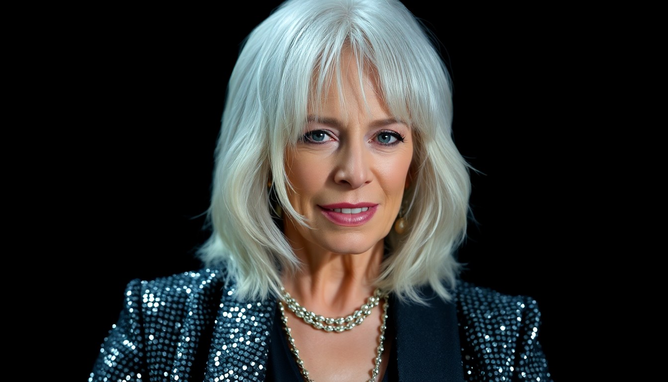 An extreme close-up photograph of shimmering silver hair and sparkling sequins, capturing the glamour and artistry of Emmylou Harris' iconic stage presence.