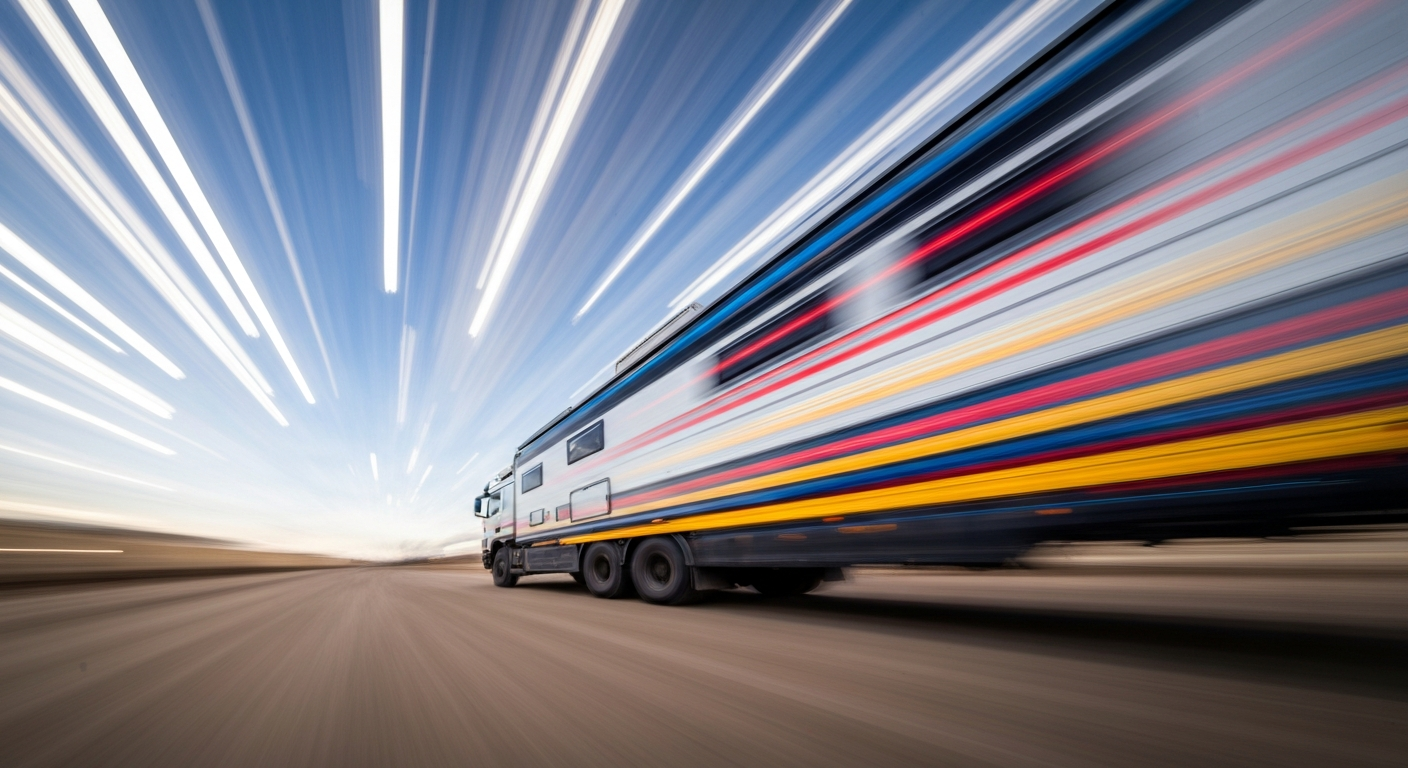 An abstract, sweeping image of a large overlanding truck with a Bliss Mobil camper top, rendered in vibrant streaks of color that convey a sense of speed, power, and the excitement of global exploration.