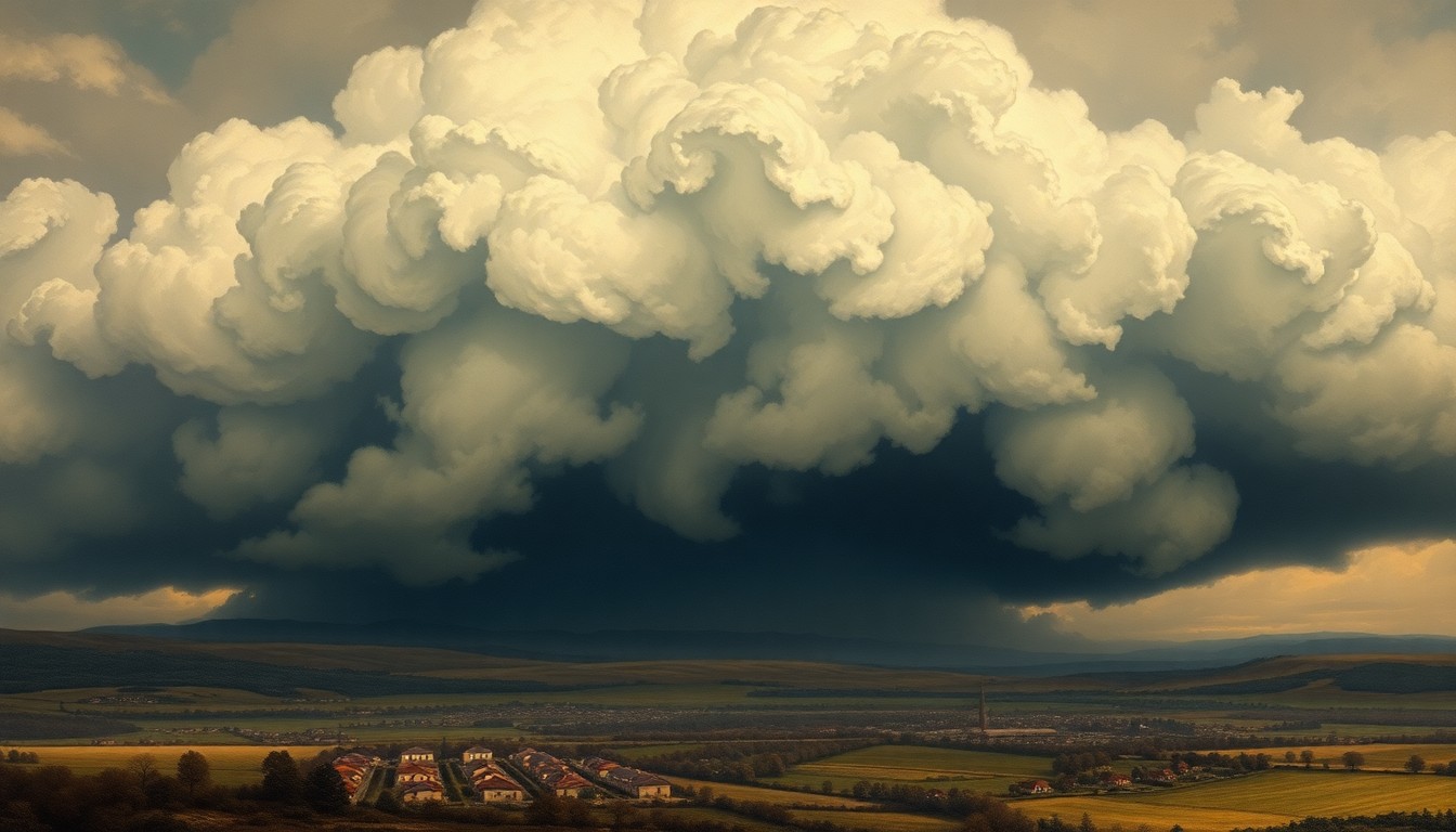 A vast, majestic landscape painting in muted tones of gray, blue, and green, with a massive, swirling storm system dominating the skyline over a small town or rural area. The physical structures and objects in the foreground are dwarfed by the dramatic, atmospheric conditions, conveying a sense of the overwhelming power and scale of the natural forces at play.