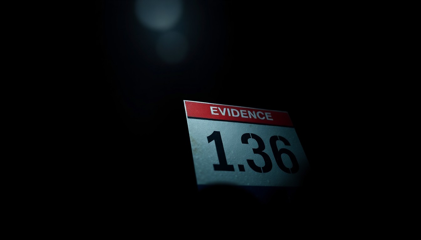 An extreme close-up photograph of a police evidence marker, such as a numbered placard, lit by a harsh, direct camera flash against a pitch-black background, conceptually illustrating the gritty, investigative nature of a Marsy's Law hearing.