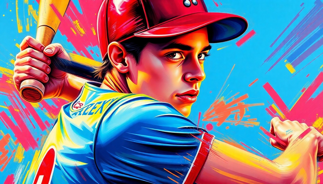 An abstract, energetic painting in neon colors depicting the dynamic motion and intensity of a baseball player in action, conveying the spirit of a high school sports celebration.