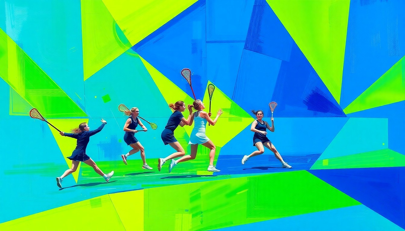 A cubist, geometric painting depicting the dynamic movements and energy of a girls lacrosse game, with overlapping planes of vibrant teal, lime green, and royal blue.