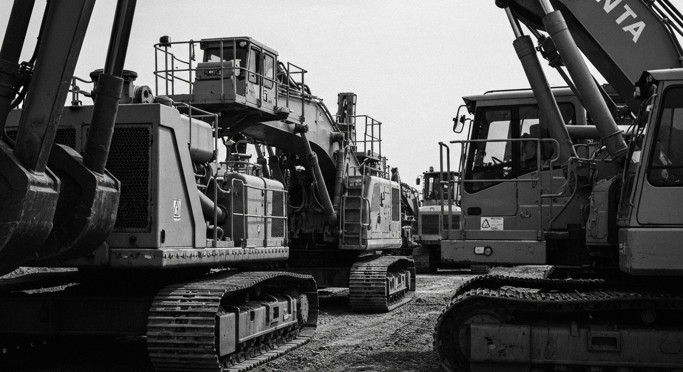 A high-contrast, black-and-white close-up image of large, industrial construction equipment and machinery, conveying the scale and physicality of Quanta Services' infrastructure work.