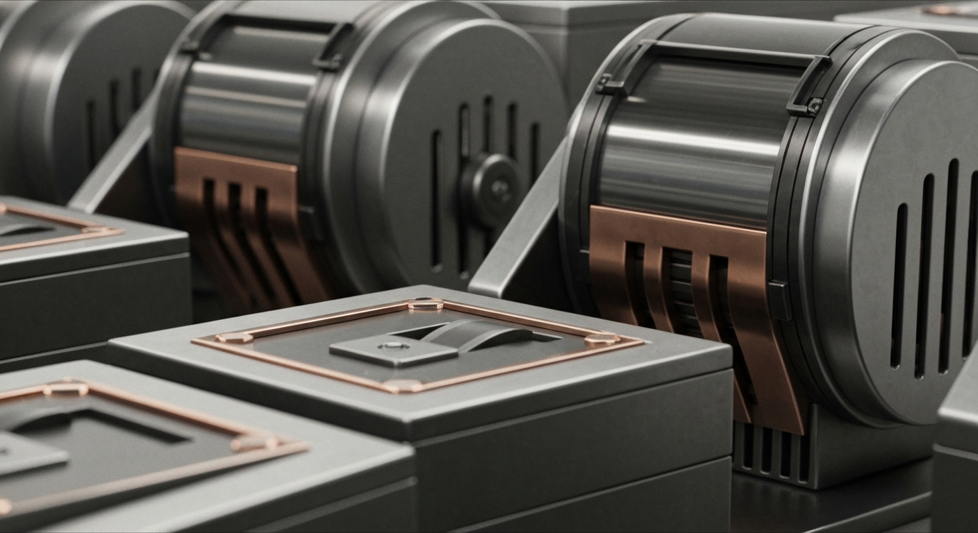 An extreme close-up of intricate, metallic banking machinery and equipment, conveying the secure, institutional nature of Philip Morris' financial operations.