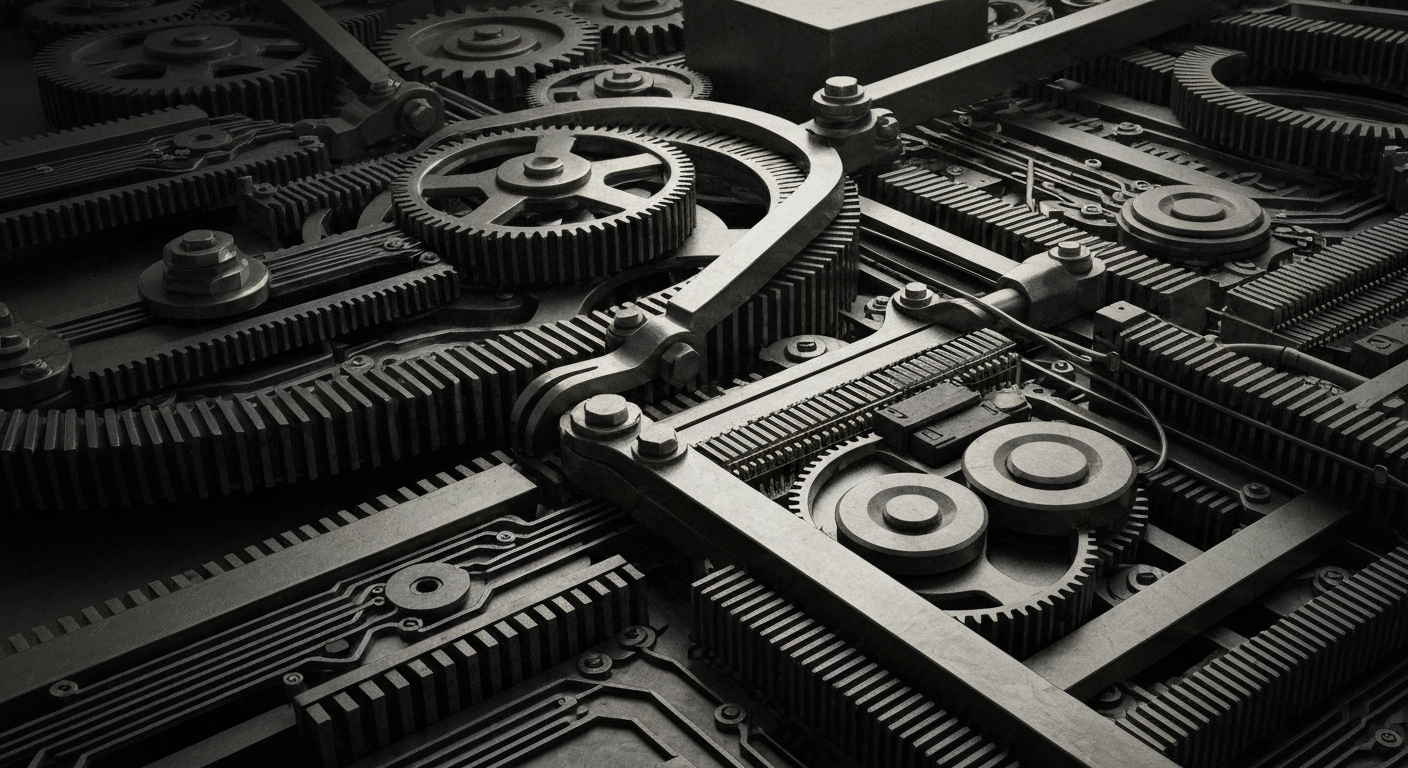 A cinematic close-up of heavy, industrial banking machinery and components, conveying a sense of financial security and institutional wealth without using literal currency or charts.