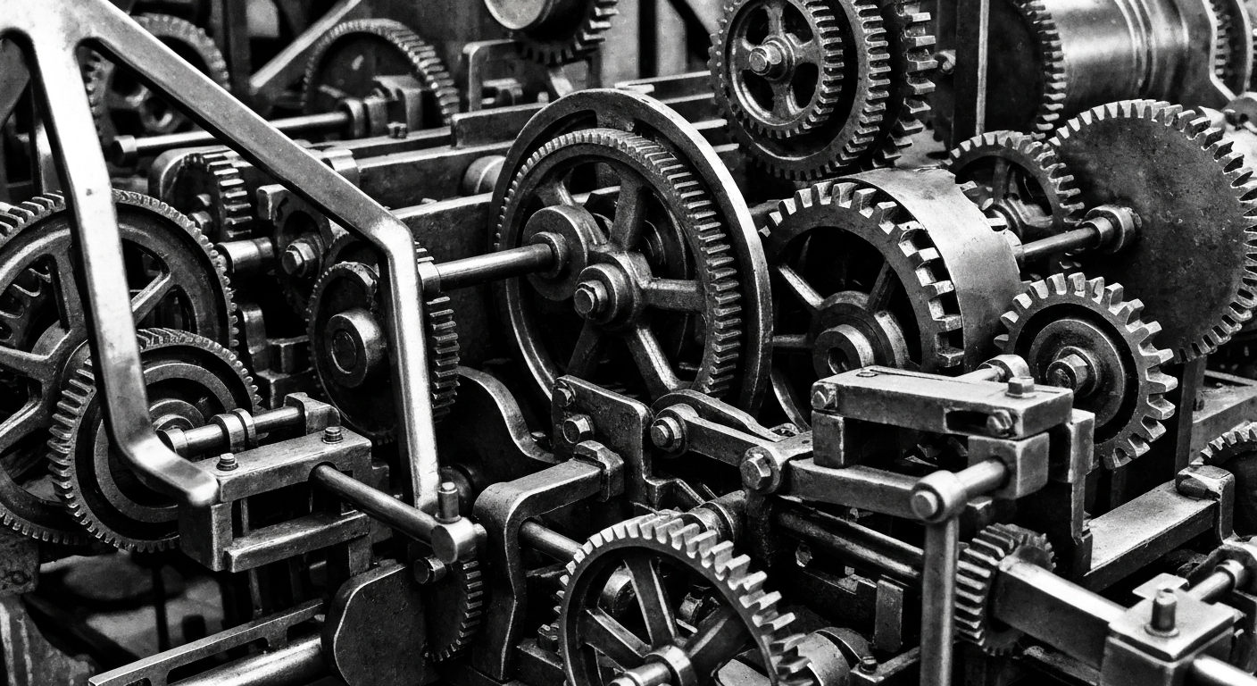 A high-contrast, cinematic close-up of the intricate gears, levers, and machinery that power the modern financial system, conveying a sense of the industry's complexity and stability.