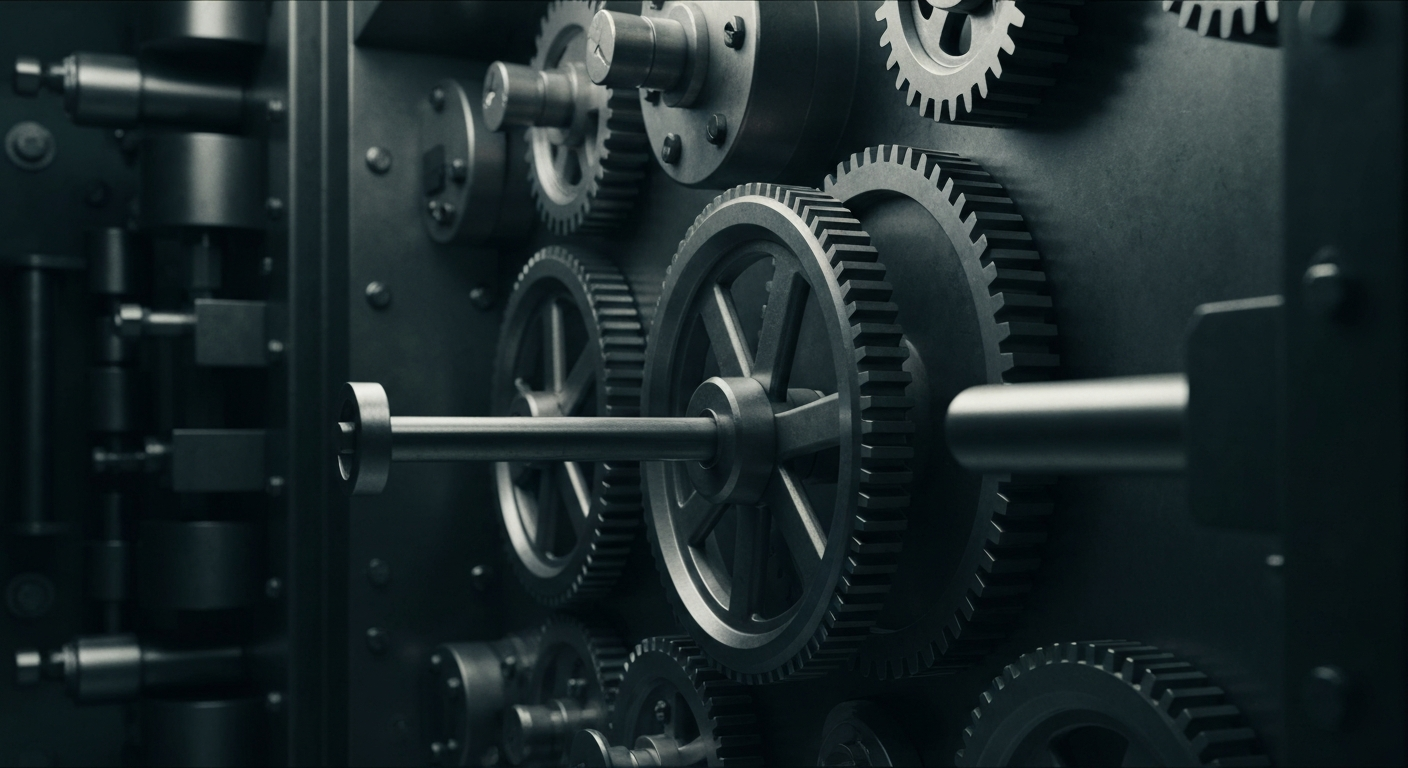 An extreme close-up of the intricate, industrial mechanisms of a bank vault, conveying a sense of financial security and institutional strength without using literal currency or charts.