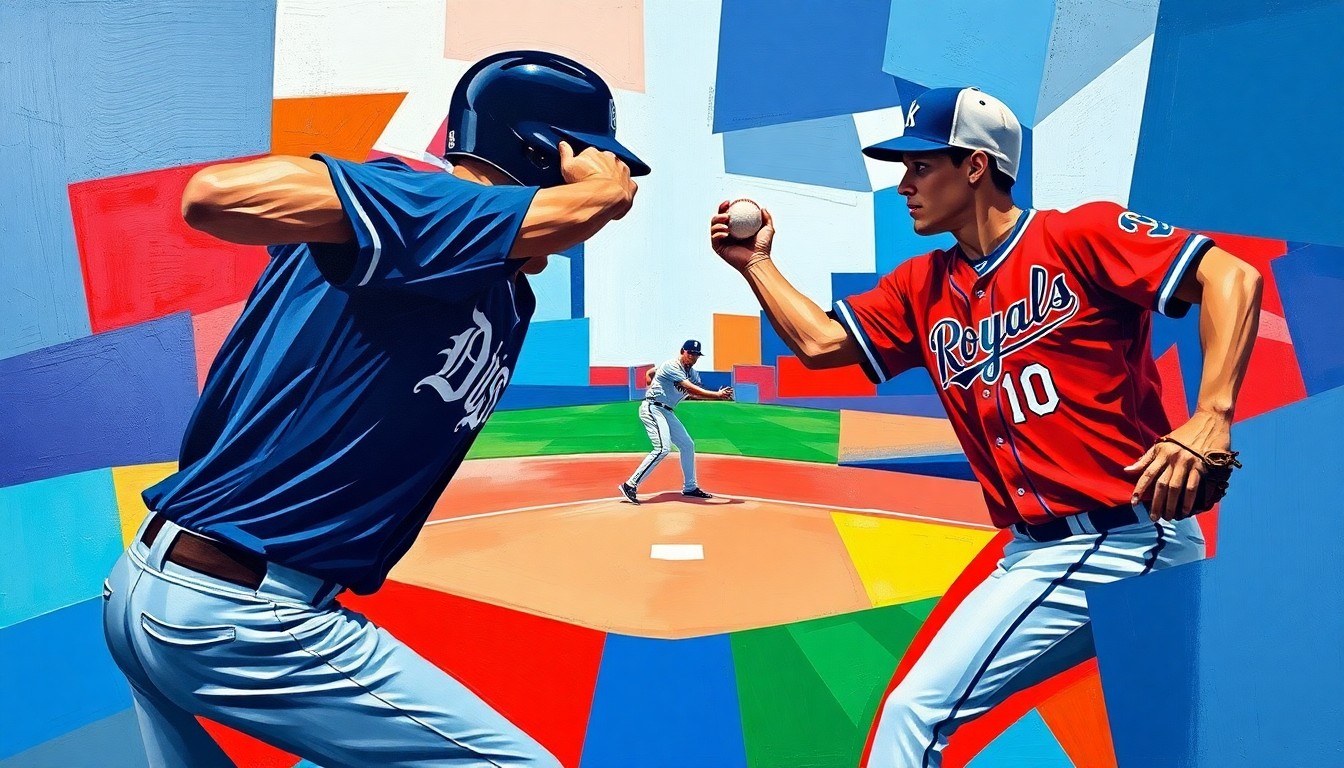 A fragmented, cubist-style painting depicting the final moments of a baseball game, with the pitcher's delivery and the batter's swing broken down into overlapping geometric shapes and planes in vibrant team colors, conceptually representing the tension and drama of a close save situation.