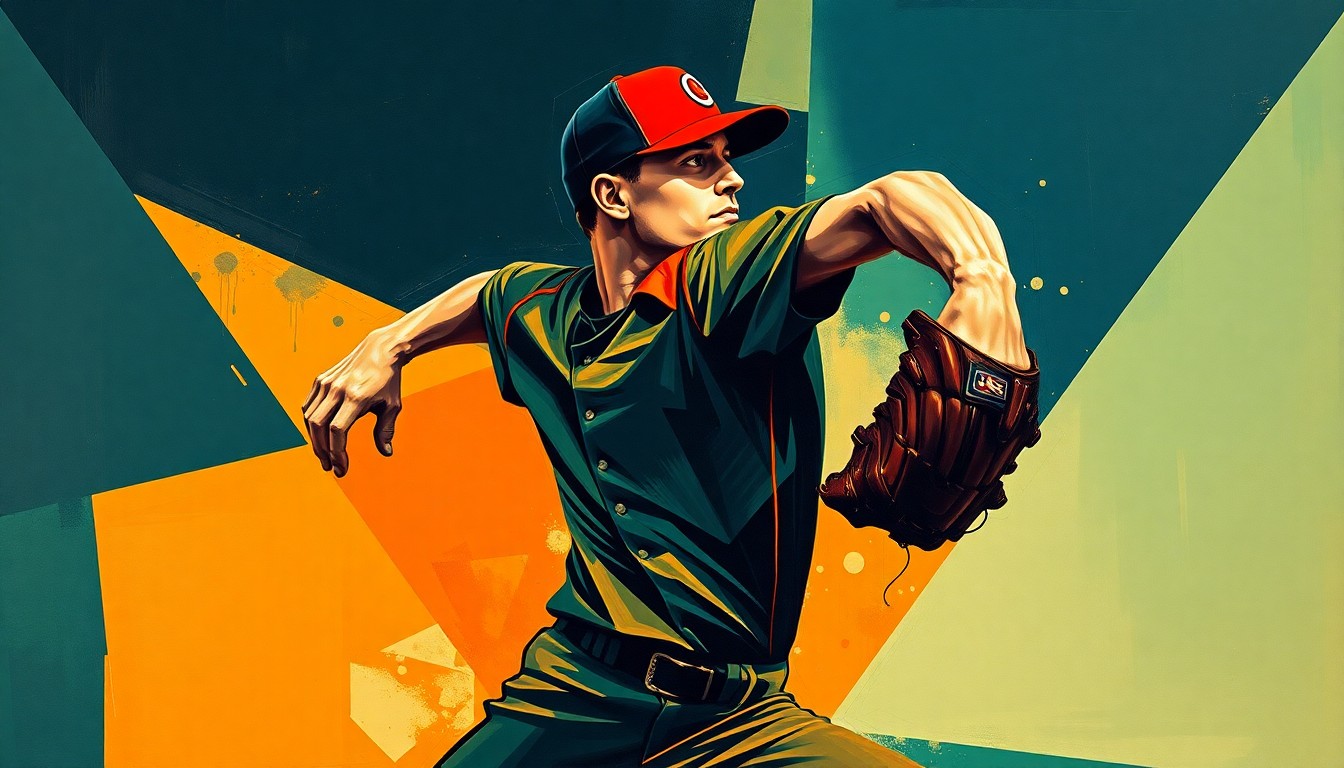 A fragmented, geometric painting depicting a baseball pitcher's windup and delivery broken down into sharp, overlapping planes of navy, green, and orange, conveying the tension and struggle of a poor performance.