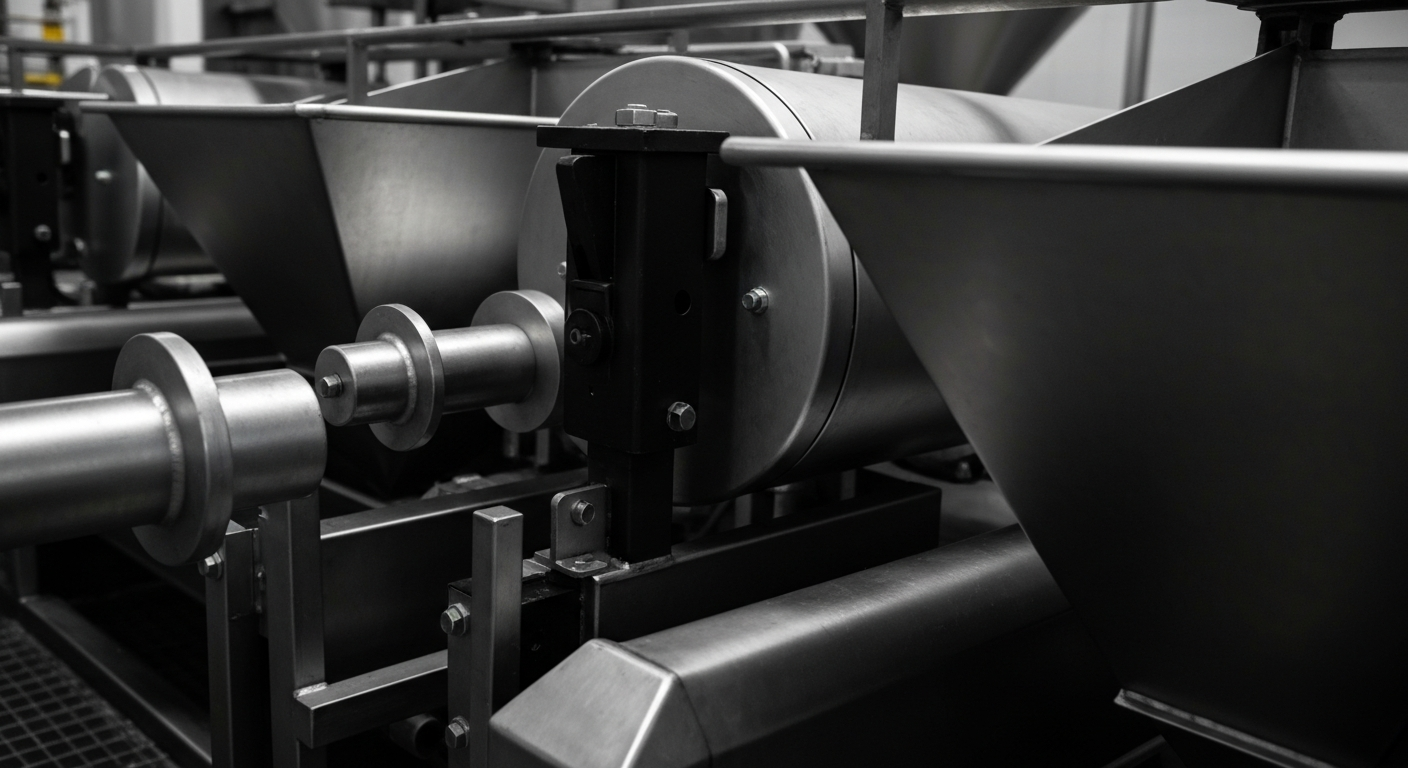 A close-up view of heavy, industrial poultry processing machinery in shades of steel gray, silver, and black, conveying the tangible financial security and institutional power of a major food production company.