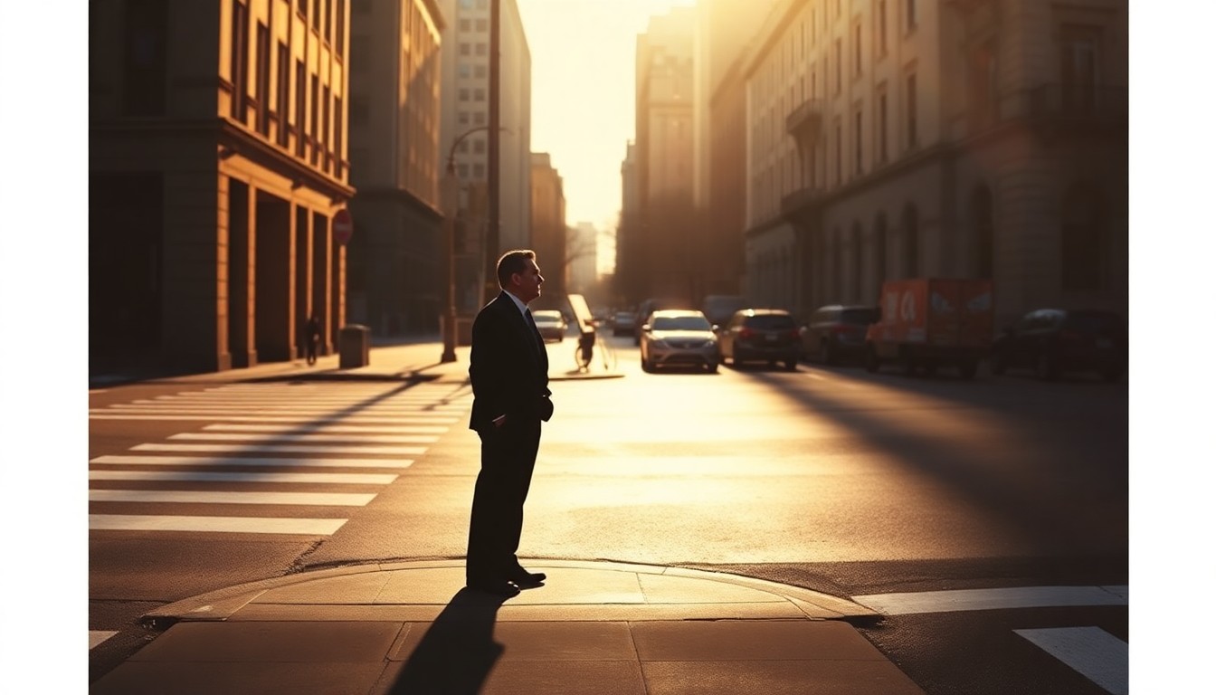A moody, cinematic painting of a lone figure in a suit standing on a city street corner, with warm sunlight and deep shadows creating a sense of isolation and tension.