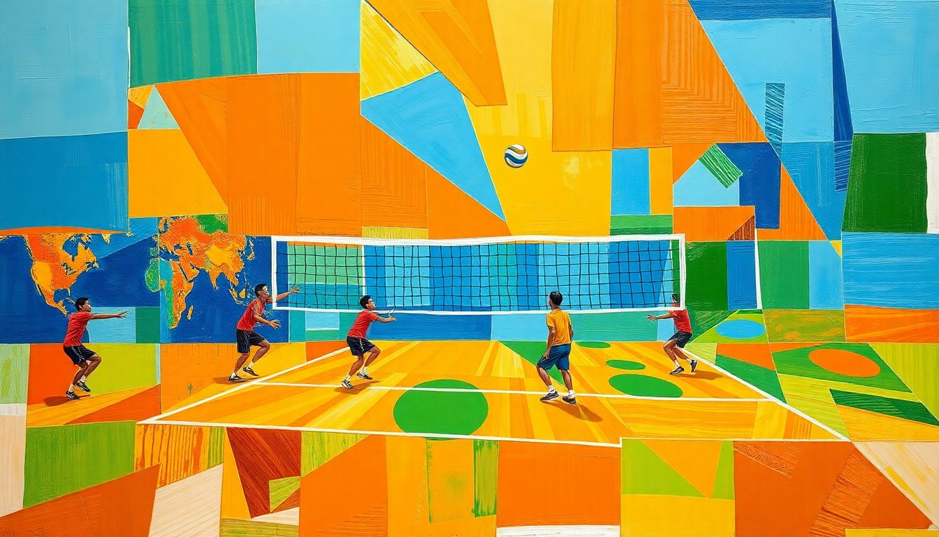 A fragmented, geometric painting depicting the dynamic movements and energy of a boys volleyball game, with sharp planes of color representing the players and ball.
