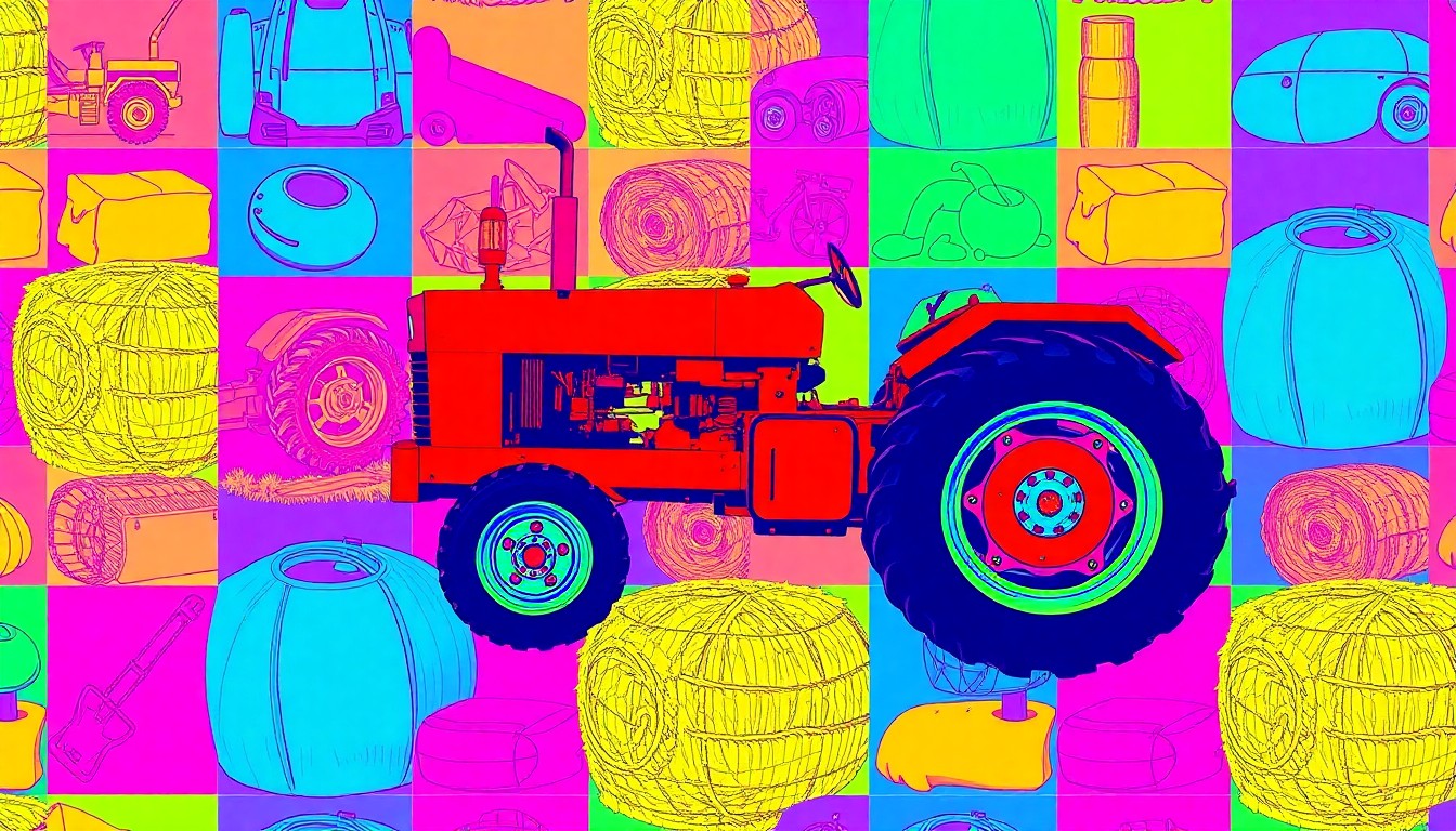 A vibrant, pop art-inspired grid of farming equipment and rural icons in bold, neon colors, conceptually representing the importance of agricultural resources in the community.