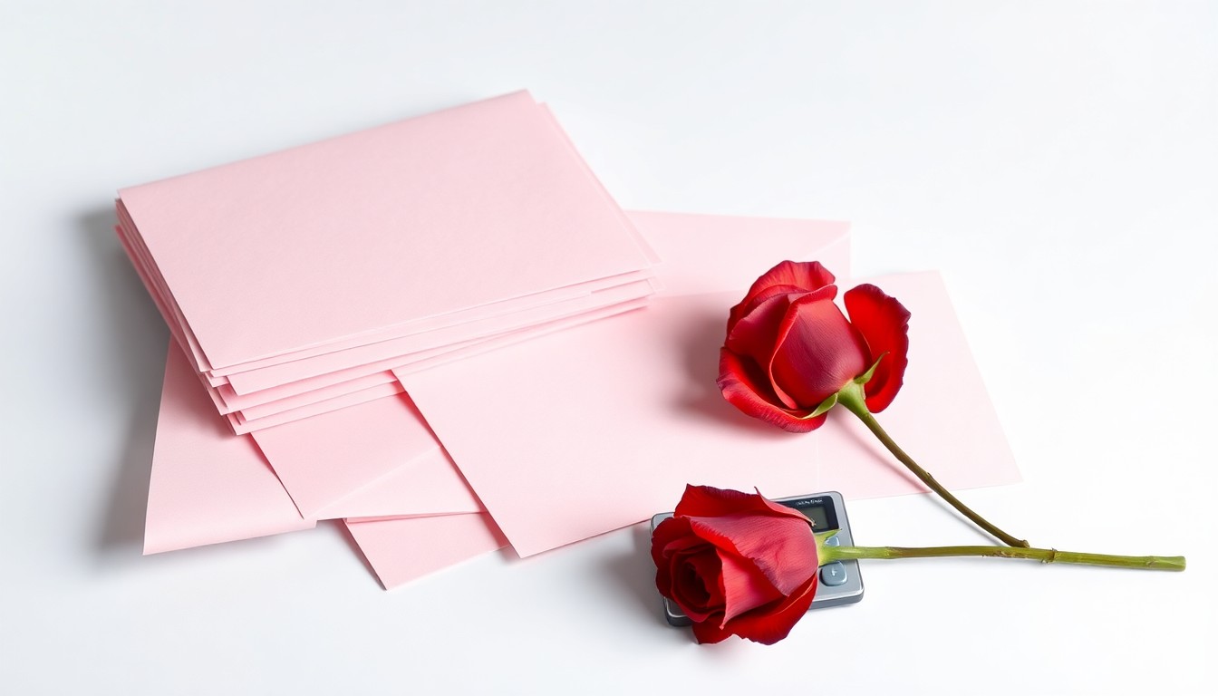 A photorealistic studio still life featuring a stack of pink-slipped envelopes, a calculator, and a single red rose on a clean white background, symbolizing the layoffs and economic uncertainty facing the entertainment industry.