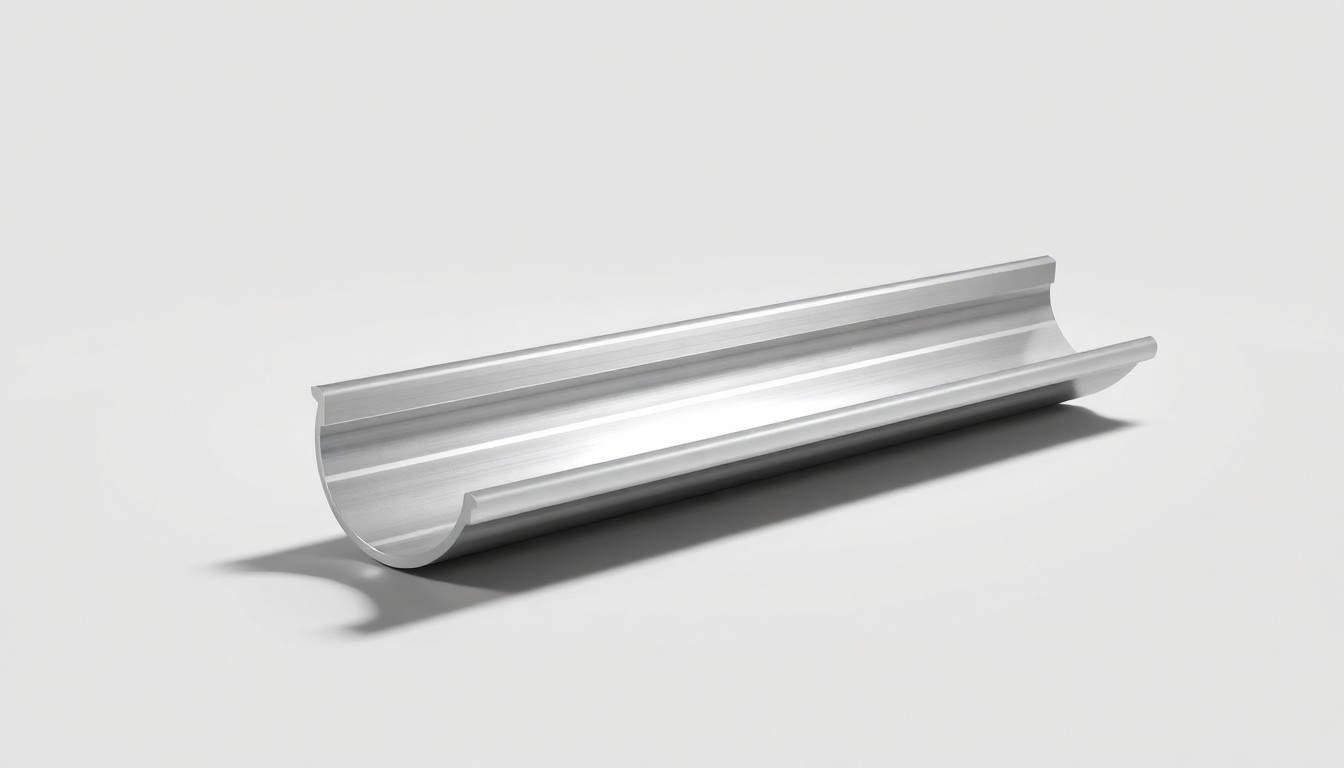 A close-up photograph of a sleek, aluminum gutter section with a smooth, reflective surface and dramatic shadows, conceptually representing the premium quality and performance of JR One's drainage products.
