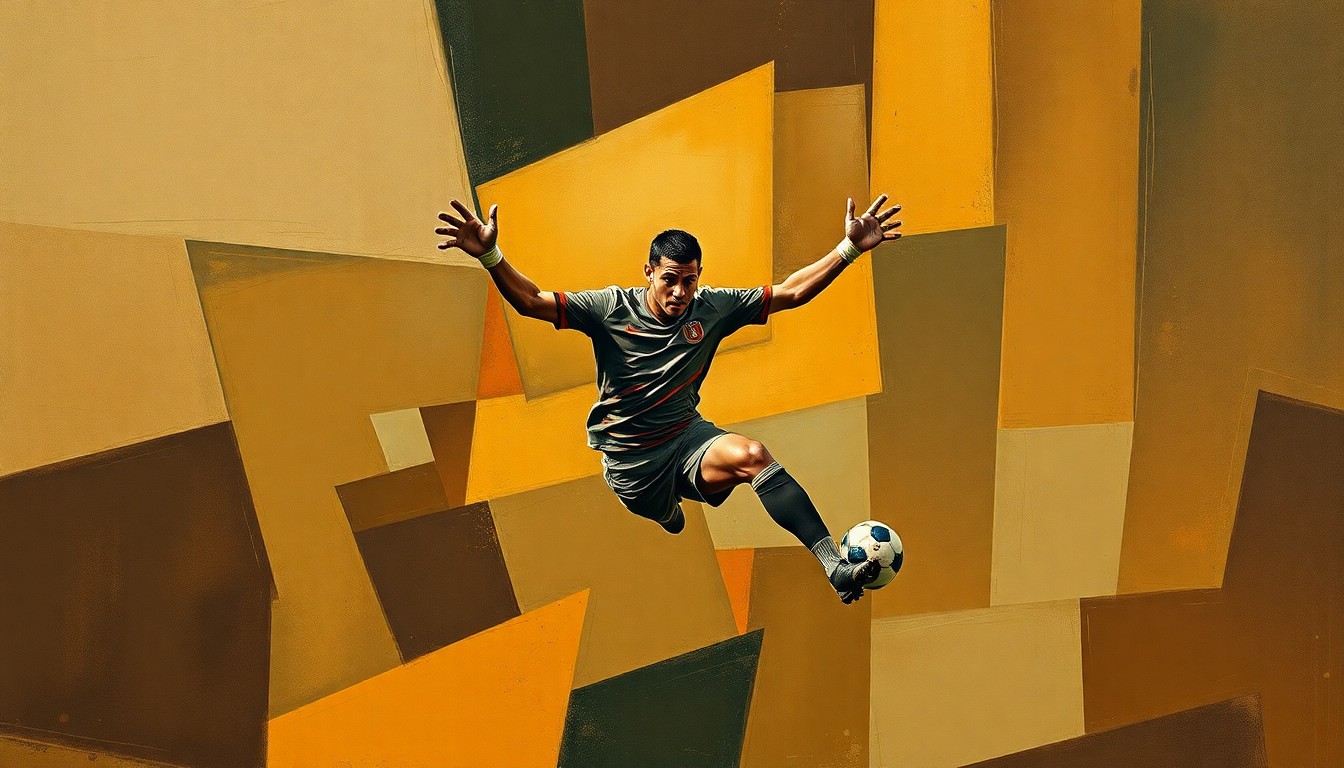 A fragmented, geometric painting depicting a soccer goalkeeper in motion, with sharp, overlapping planes in muted earth tones, conveying the conceptual idea of a young player's ambition to claim a starting position.