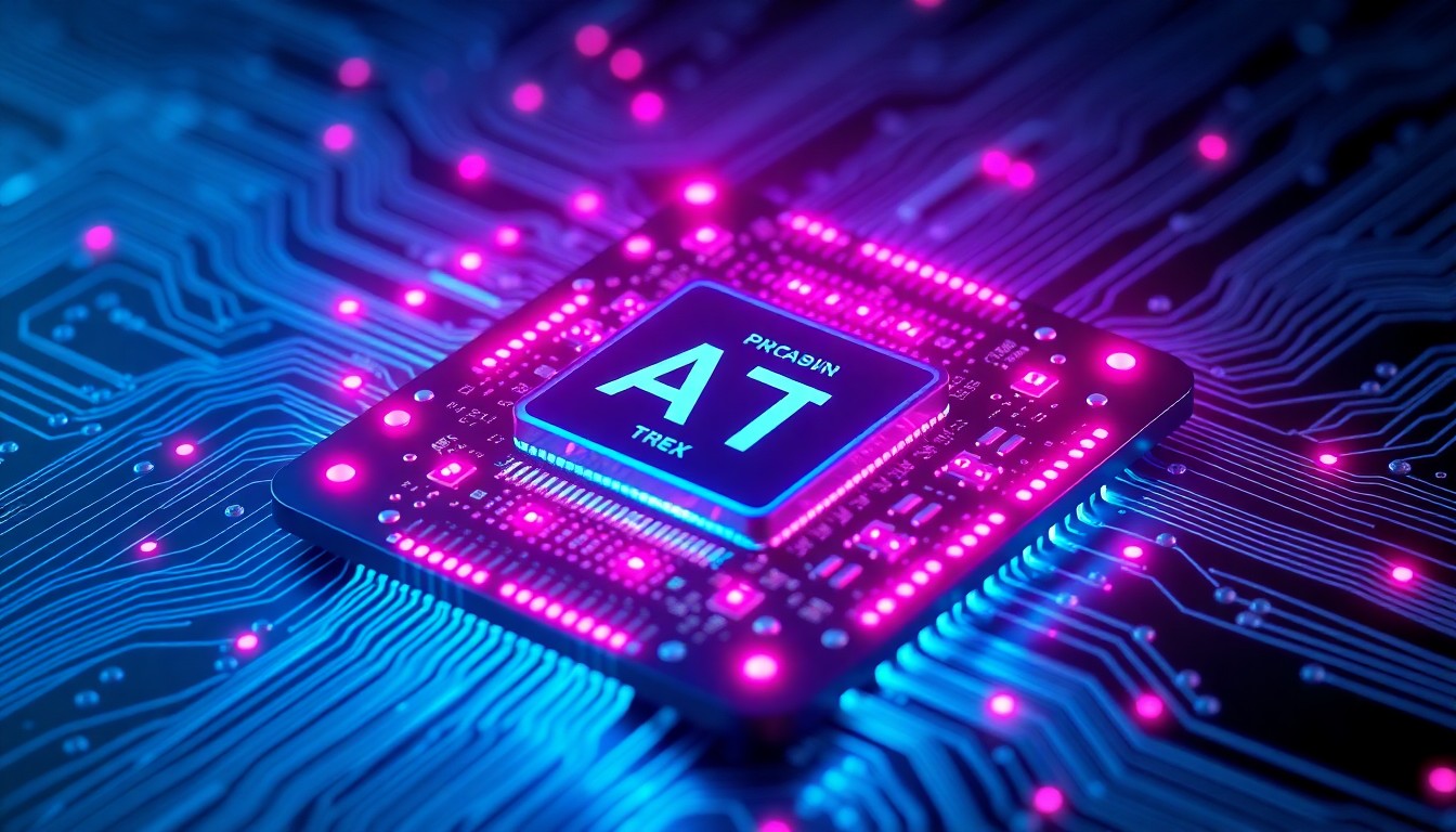 A highly detailed, glowing 3D illustration of a futuristic AI processor chip with intricate circuitry and neon cyan and magenta lights, representing the custom silicon that will power Meta's AI ambitions.