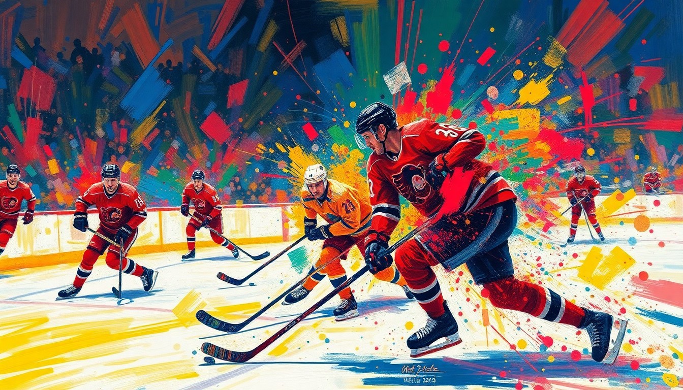An abstract, energetic painting featuring bold, neon-colored brushstrokes that capture the frenetic action and intensity of a hockey game, with players' forms blending together in a dynamic, expressionistic style.