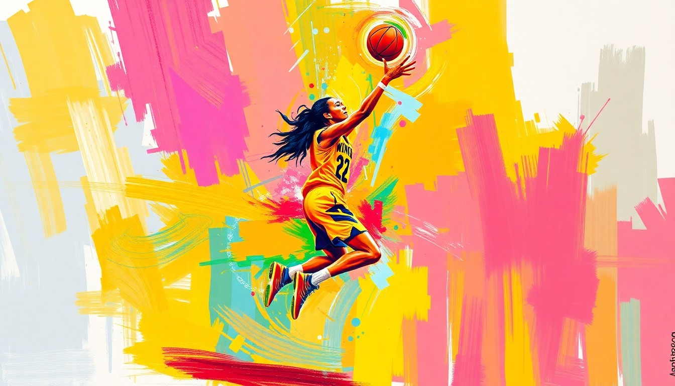 An abstract, neon-colored expressionist painting depicting a basketball player in mid-jump shot, with vibrant brushstrokes and blurred motion lines to capture the raw energy and athleticism of the WNBA.