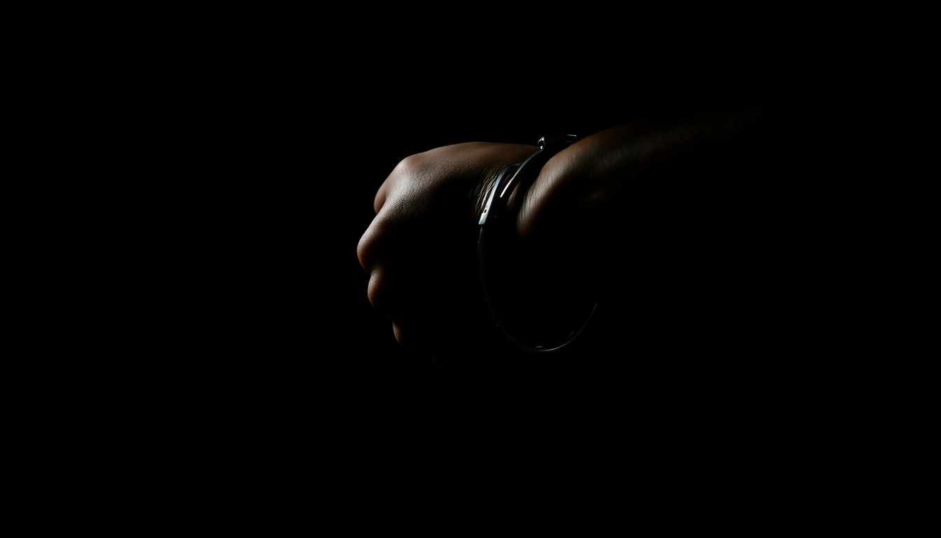 An extreme close-up of a handcuffed wrist against a stark black background, conceptually representing the legal proceedings against the former movie mogul.