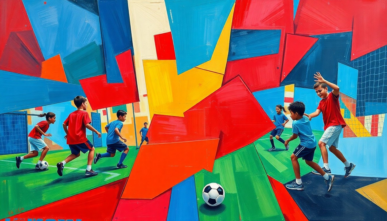 A cubist, geometric painting depicting overlapping planes of football and soccer players in motion, conveying the dynamic energy and collaborative spirit of the youth sports clinic.