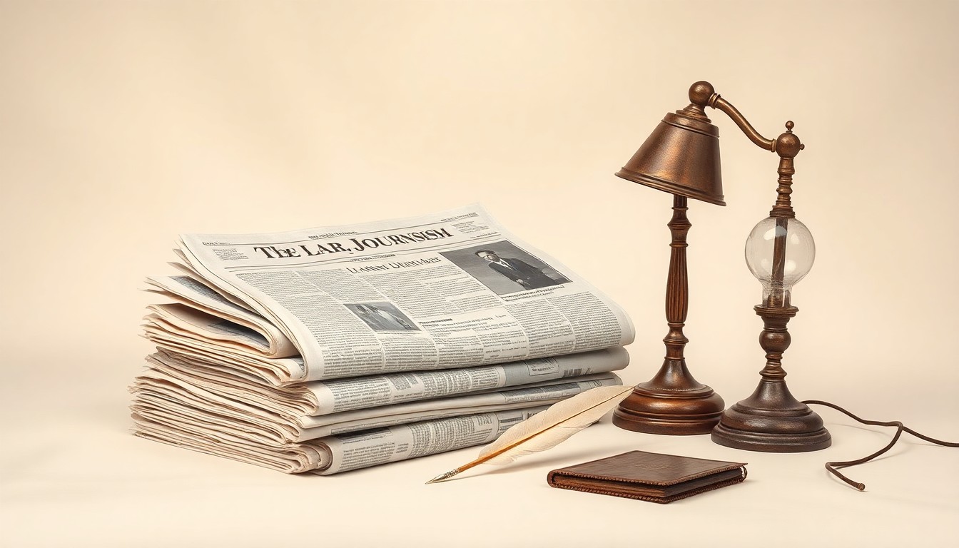 A high-end, photorealistic studio still-life photograph featuring a stack of vintage newspapers, a quill pen, and an old-fashioned desk lamp arranged elegantly on a clean, monochromatic background, symbolizing the enduring legacy and evolving role of local journalism.