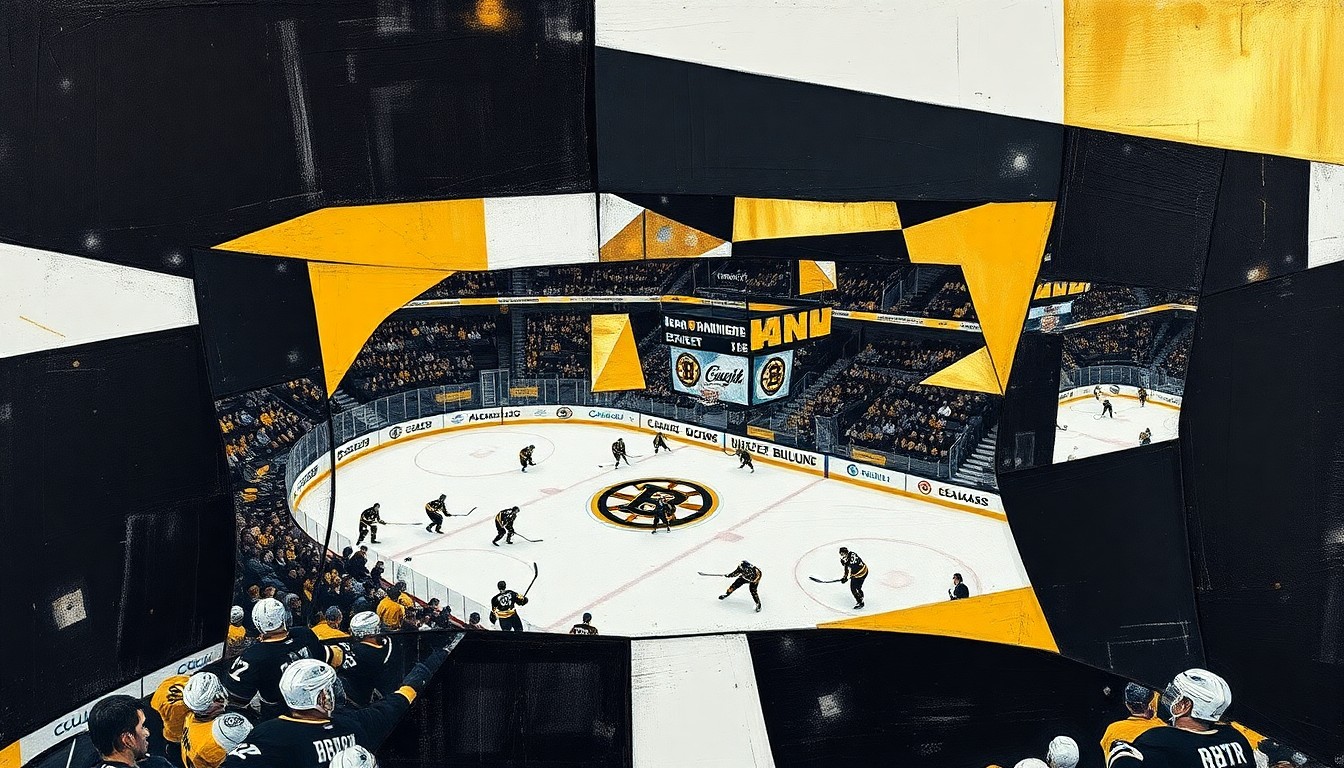 A cubist-style painting depicting a Bruins hockey game broken down into sharp, overlapping geometric shapes in black, gold, and white, capturing the raw energy and movement of the sport.
