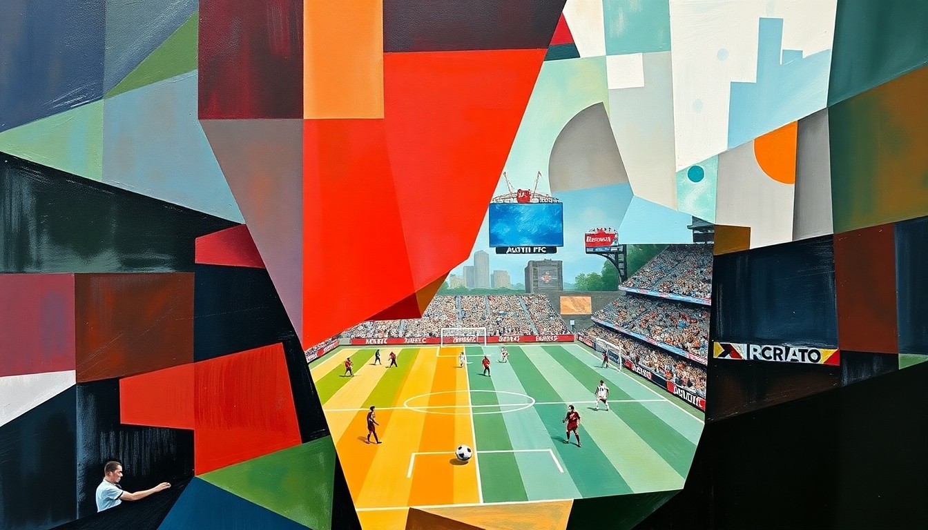 A fragmented, geometric painting depicting a soccer match between two teams, with players and the field broken down into sharp, overlapping shapes and planes of color.