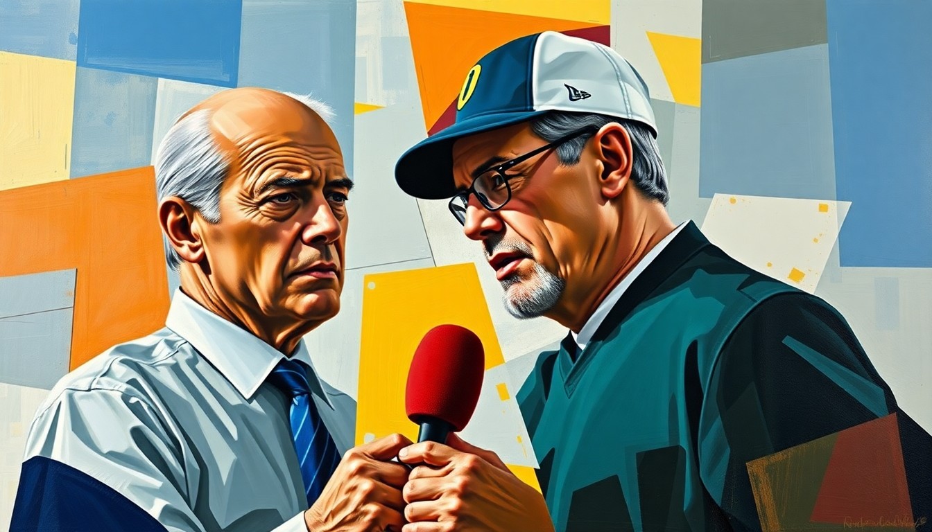 A fragmented, geometric painting depicting the intertwined relationship between a sports reporter and a coach, with sharp, overlapping planes of color and form.