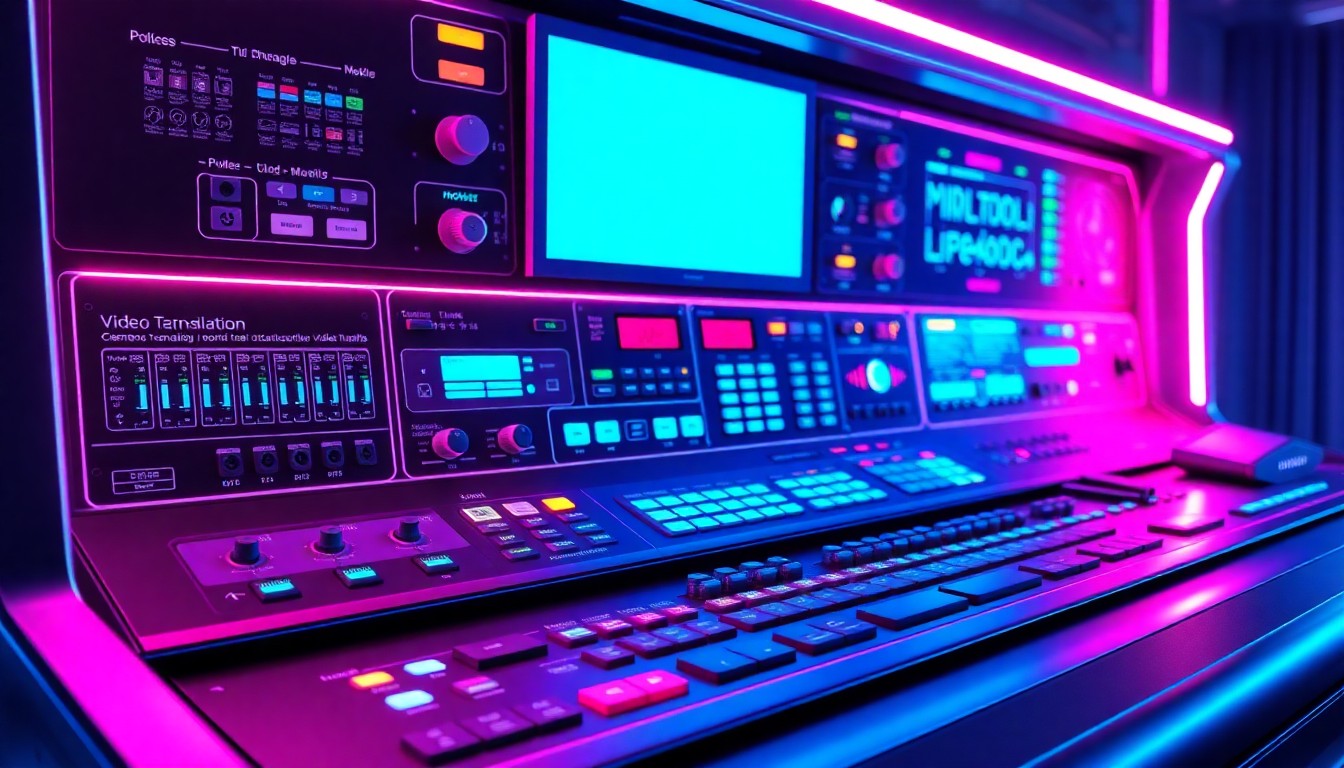 A highly detailed, glowing 3D illustration of a futuristic video dubbing and translation control panel, with neon cyan and magenta lights illuminating the various input and output ports, knobs, and displays, conceptually representing the advanced AI technology powering the localization platform.