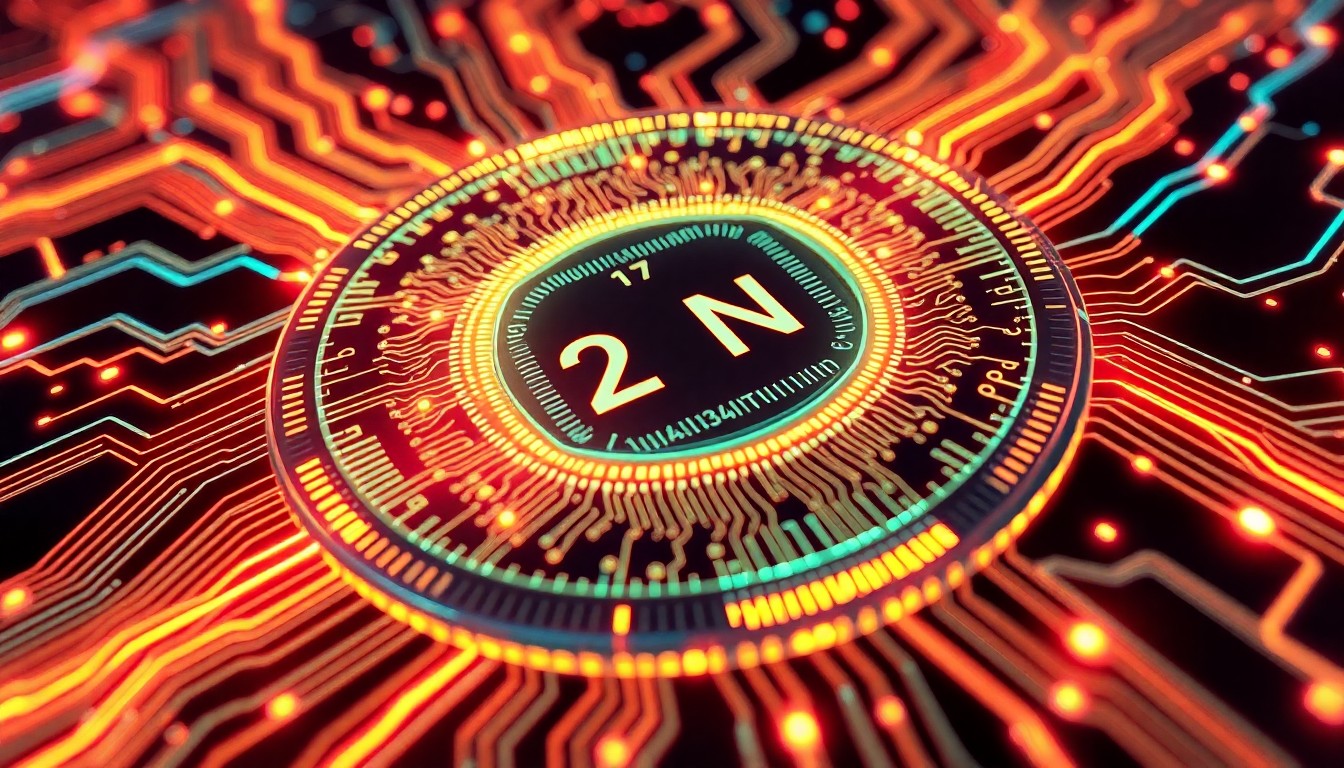 A highly detailed, glowing 3D illustration of a semiconductor wafer with intricate, neon-lit circuitry patterns, conceptually representing the advanced chip fabrication technology powering the next generation of electronics.