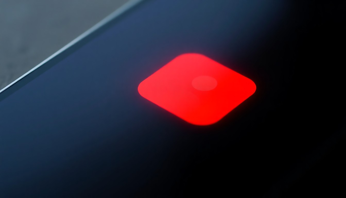 An extreme close-up of a smartphone screen with a glowing red notification icon, conceptually representing the digital threat of online predators.