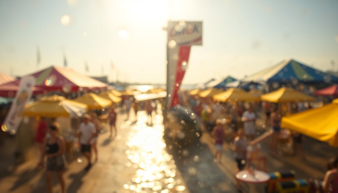 An abstract, impressionistic scene of soft, blurred colors and light, evoking the festive atmosphere of an outdoor seafood and music festival on the Florida Gulf Coast.