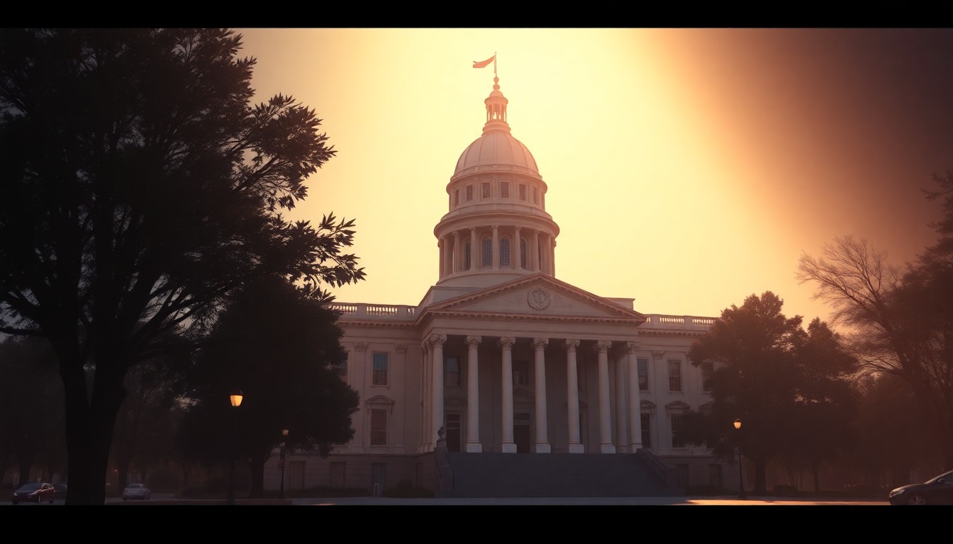 A serene, cinematic painting of the Alabama State Capitol building in Montgomery, with warm sunlight casting deep shadows across the historic structure, conveying a sense of the political dynamics and unfinished business within.
