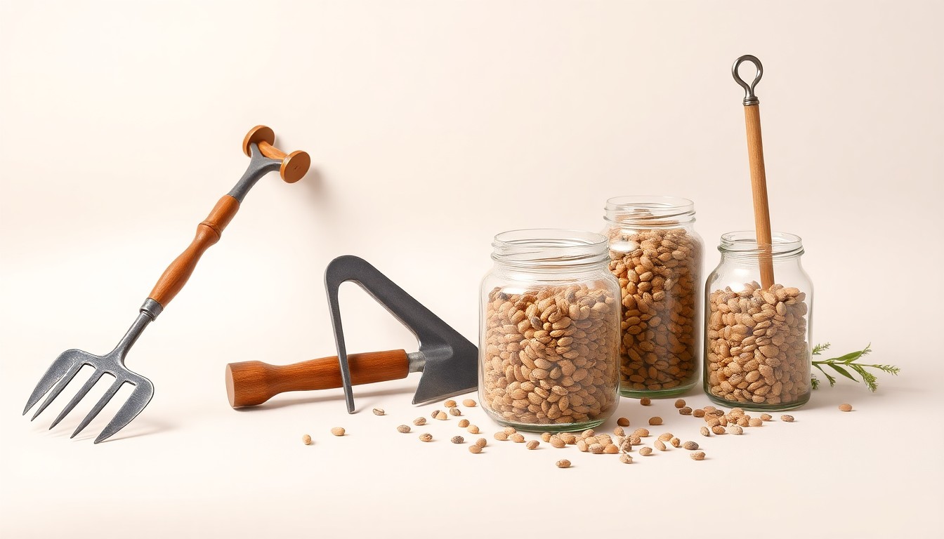 A photorealistic studio still life featuring a collection of polished, premium agricultural tools and equipment, including a vintage seed sower, a metal sickle, and a glass jar filled with heirloom seeds, all arranged elegantly on a clean, monochromatic background, conceptually representing the themes of innovation and heritage at the heart of the Agri-Marketing Conference.