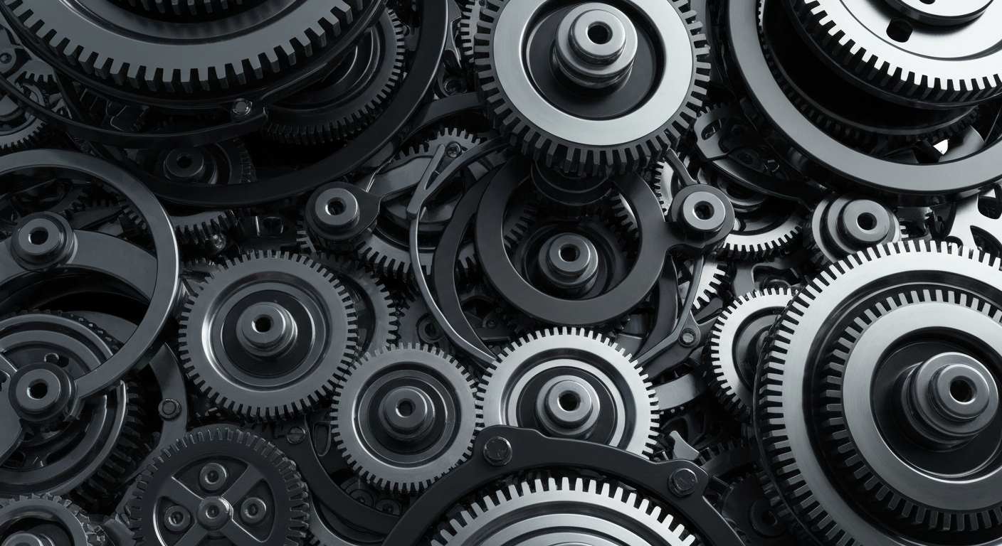 An extreme close-up of a complex array of metallic gears, levers, and mechanisms, conveying the intricate and powerful infrastructure of the global financial system as a visual metaphor for Alphabet's institutional significance.
